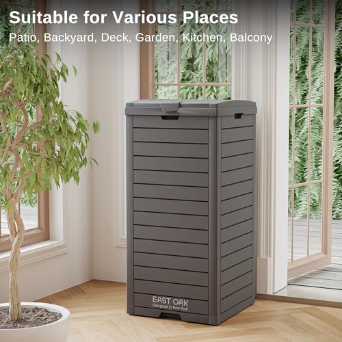 EAST OAK 31 Gallon Outdoor Trash Can, Waterproof Resin Garbage Can with Tiered Lid and Drip Tray, Outside Trash Bin for Patio, Kitchen, Backyard, Deck, Gray