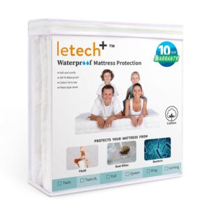letech+ waterproof mattress protector fitted style, queen size 100% cotton terry smooth and breathable top, mattress cover - noiseless vinyl-free deep pocket machine washable protector