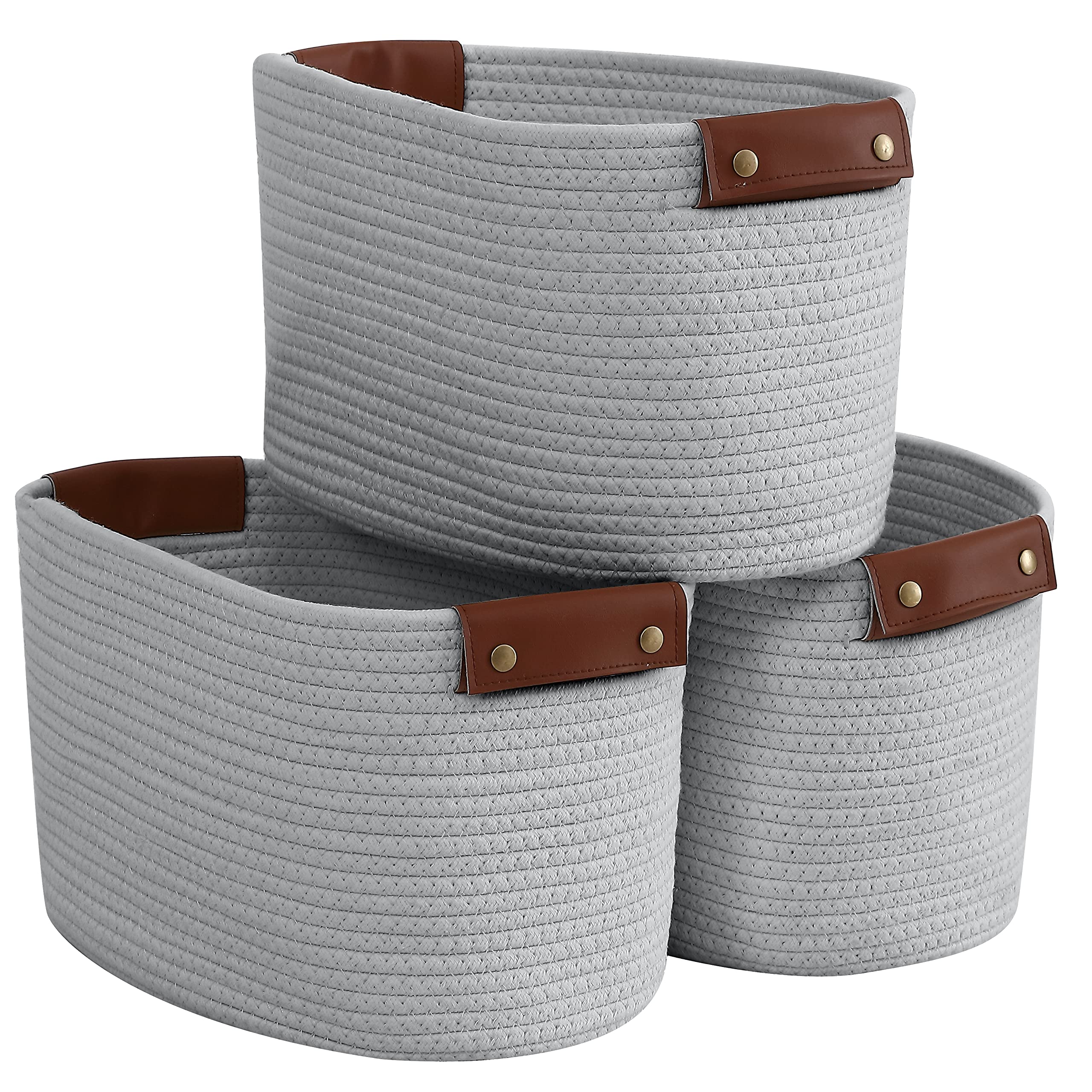 Organizix 3 Pack Cotton Rope Storage Basket Woven Shelf Storage Bin with Faux Leather Handles, Decorative Closet Shelf Woven Basket for Storage Organizers, 15 x 10 x 9, White/Gray