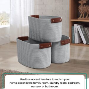 Organizix 3 Pack Cotton Rope Storage Basket Woven Shelf Storage Bin with Faux Leather Handles, Decorative Closet Shelf Woven Basket for Storage Organizers, 15 x 10 x 9, White/Gray