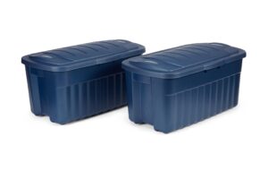 rubbermaid roughneck️ 40 gallon storage totes, pack of 2, durable stackable storage containers with hinged lids, nestable plastic storage bins for tools or moving boxes, dark indigo metallic