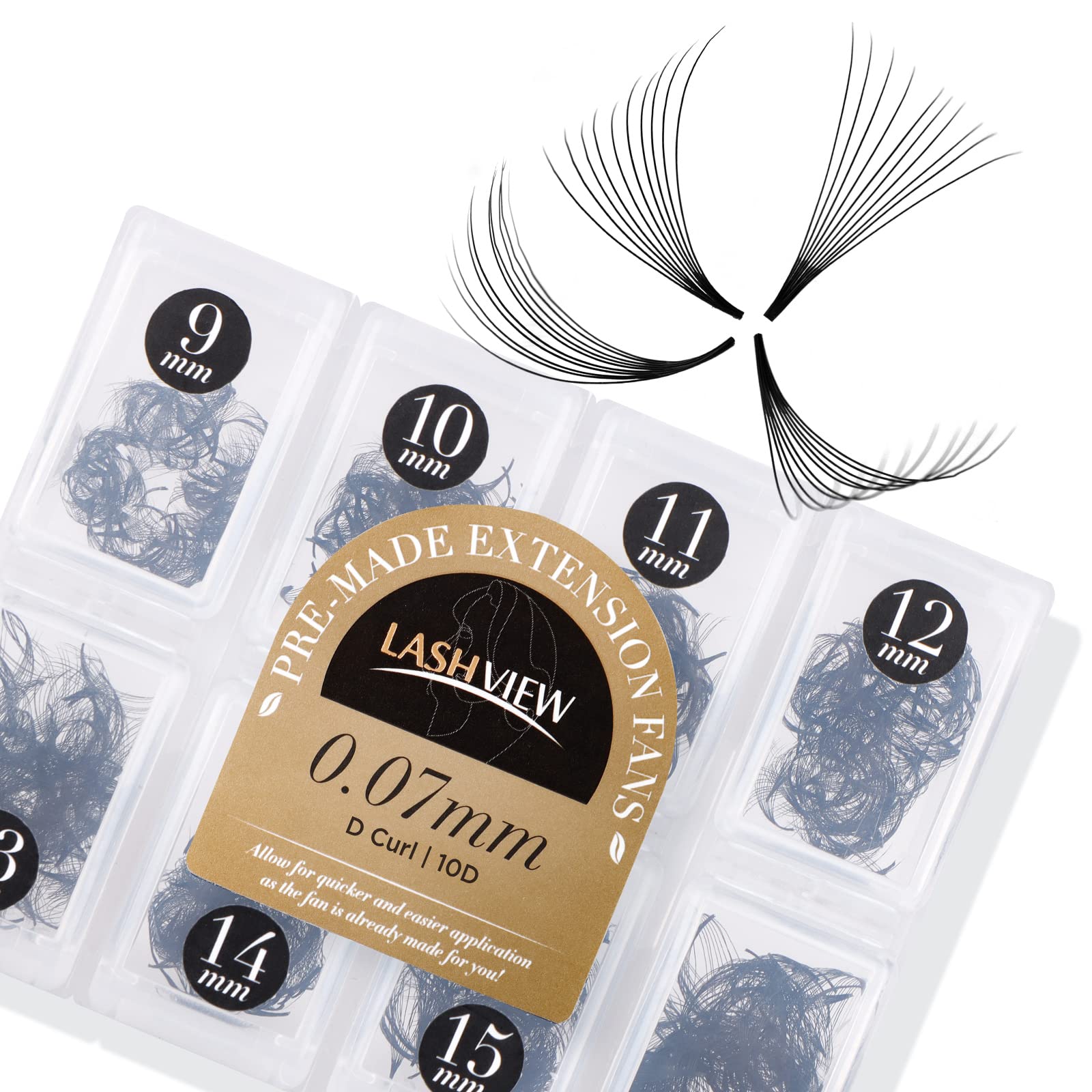 LASHVIEW 1000 Premade Volume Eyelash Extensions Mixed Tray 10D D Curl Premade Lash Fans Pointed Handmade Thin Base (10D-0.07D,9-16mm)