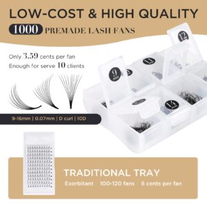 LASHVIEW 1000 Premade Volume Eyelash Extensions Mixed Tray 10D D Curl Premade Lash Fans Pointed Handmade Thin Base (10D-0.07D,9-16mm)