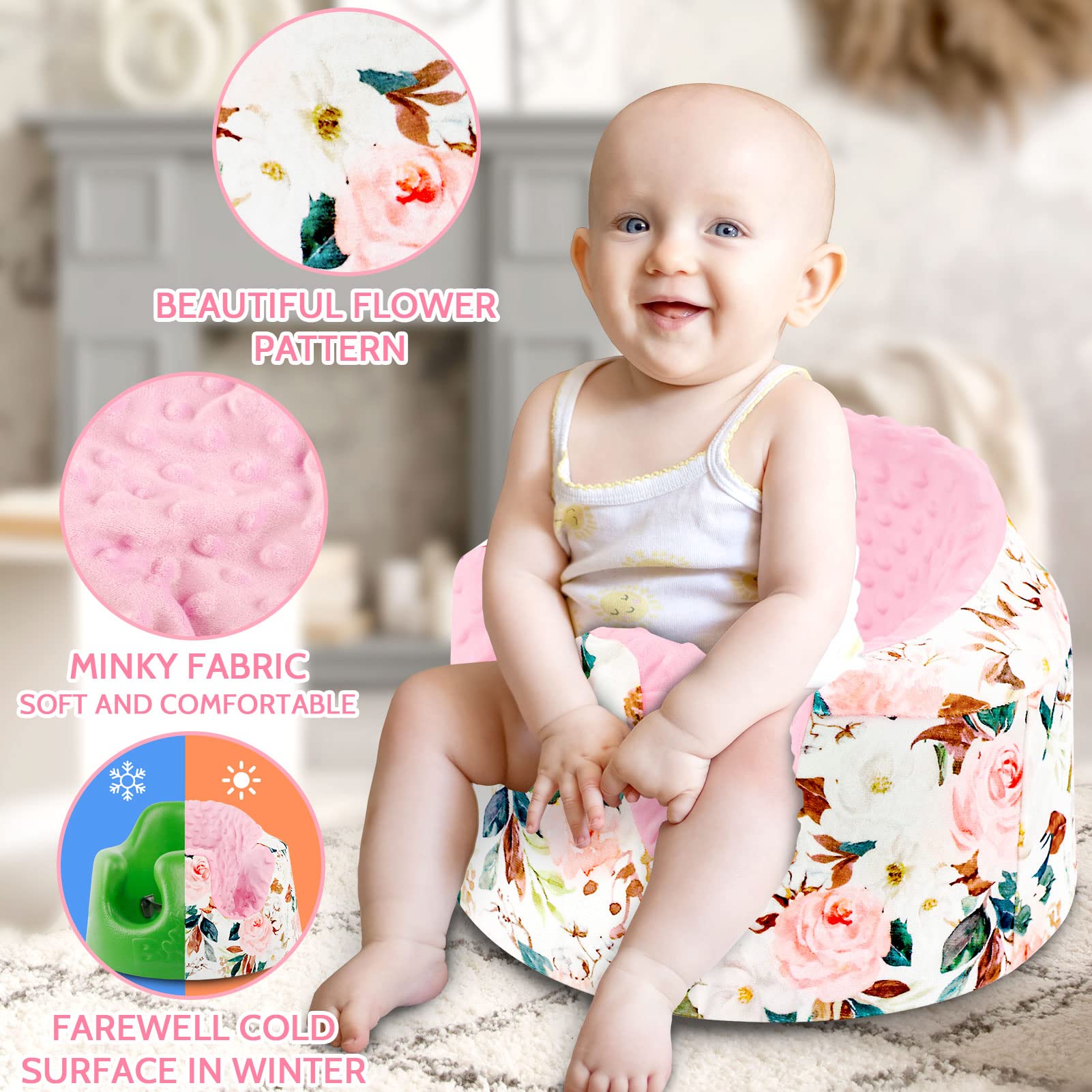 DILIMI Minky Seat Cover Compatible with Bumbo Seat, Removable Ultra Soft Comfortable Warm Seat Slipcover for Baby Girl and Boy, Pink Flower