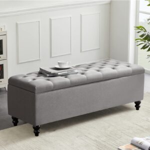 storage ottoman 50.2 inches upholstered fabric bench，button tufted for living room，bedroom end of bed bench withstands 303lbs (grey)