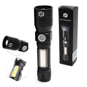 hayvenhurst led flashlight - edc flashlight - tactical flashlight - 3 in 1 lightweight, compact and rechargeable pocket flashlight with lavish black body for emergency power outage