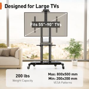 Perlegear Mobile TV Stand, Rolling TV Cart for 55-90 inch Flat/Curved TVs up to 200 lbs, Adjustable Rolling TV Stand with Camera Shelf, Floor TV Stand on Wheels, Max VESA 800x500mm, PGTVMC07