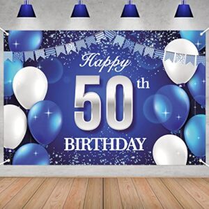 4 x 6ft happy 50th birthday party decorations banner blue and silver - cheers to 50 years anniversary photo booth backdrop party supplies for girls and boys