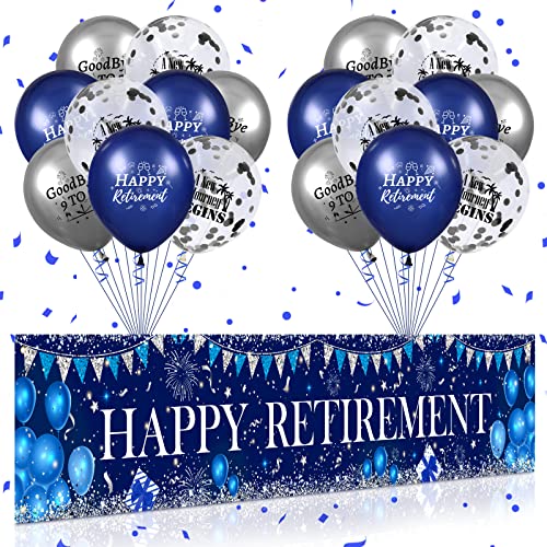 Navy Blue Silver Happy Retirement Party Decorations Large Blue Silver Happy Retirement Banner Yard Sign with 18pcs balloons Retirement Party Photo Booth for Men Women Office Farewell Party Supplies