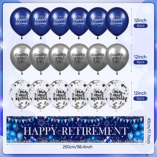 Navy Blue Silver Happy Retirement Party Decorations Large Blue Silver Happy Retirement Banner Yard Sign with 18pcs balloons Retirement Party Photo Booth for Men Women Office Farewell Party Supplies