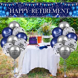 Navy Blue Silver Happy Retirement Party Decorations Large Blue Silver Happy Retirement Banner Yard Sign with 18pcs balloons Retirement Party Photo Booth for Men Women Office Farewell Party Supplies