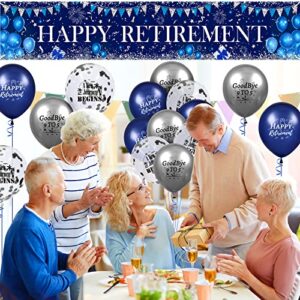 Navy Blue Silver Happy Retirement Party Decorations Large Blue Silver Happy Retirement Banner Yard Sign with 18pcs balloons Retirement Party Photo Booth for Men Women Office Farewell Party Supplies