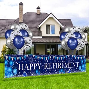 Navy Blue Silver Happy Retirement Party Decorations Large Blue Silver Happy Retirement Banner Yard Sign with 18pcs balloons Retirement Party Photo Booth for Men Women Office Farewell Party Supplies