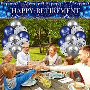 Navy Blue Silver Happy Retirement Party Decorations Large Blue Silver Happy Retirement Banner Yard Sign with 18pcs balloons Retirement Party Photo Booth for Men Women Office Farewell Party Supplies