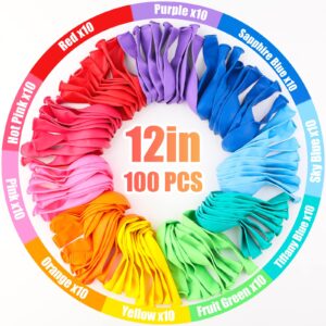 Colorful Balloons 100 PCS, Assorted Color 12 Inches Rainbow Latex Balloons with Bonus Confetti, 10 Bright Colors Party Balloons for Birthday, Wedding, Baby Shower, Decoration (Round-100)