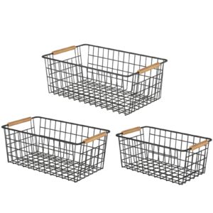 youvip wire storage baskets with wooden handles, 3 pack metal organizer baskets for kitchen, pantry, freezer, laundry,farmhouse,bathroom baskets for organizing,black (1 small, 1 medium, 1 large)