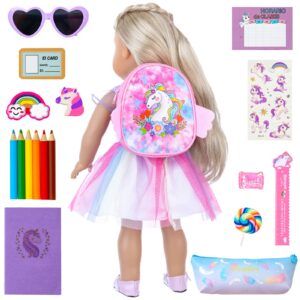 ECORELF 18 Inch Girl Doll Accessories and Clothes ,13Pcs School Supplies Set Included Doll Clothes Unicorn Print School Backpack, Pencil, Stationery, Random Sticker and Notebook,etc