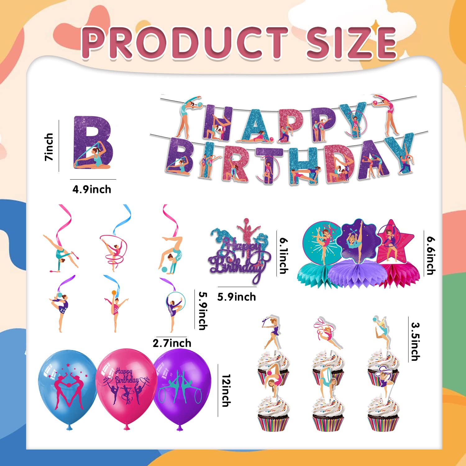 Gymnastics Birthday Party Decorations,61 Pieces Gymnastics Party Supplies for Girls,Include Gymnastics Birthday Banner,Latex Balloons,Honeycomb Centerpiece Table Decorations