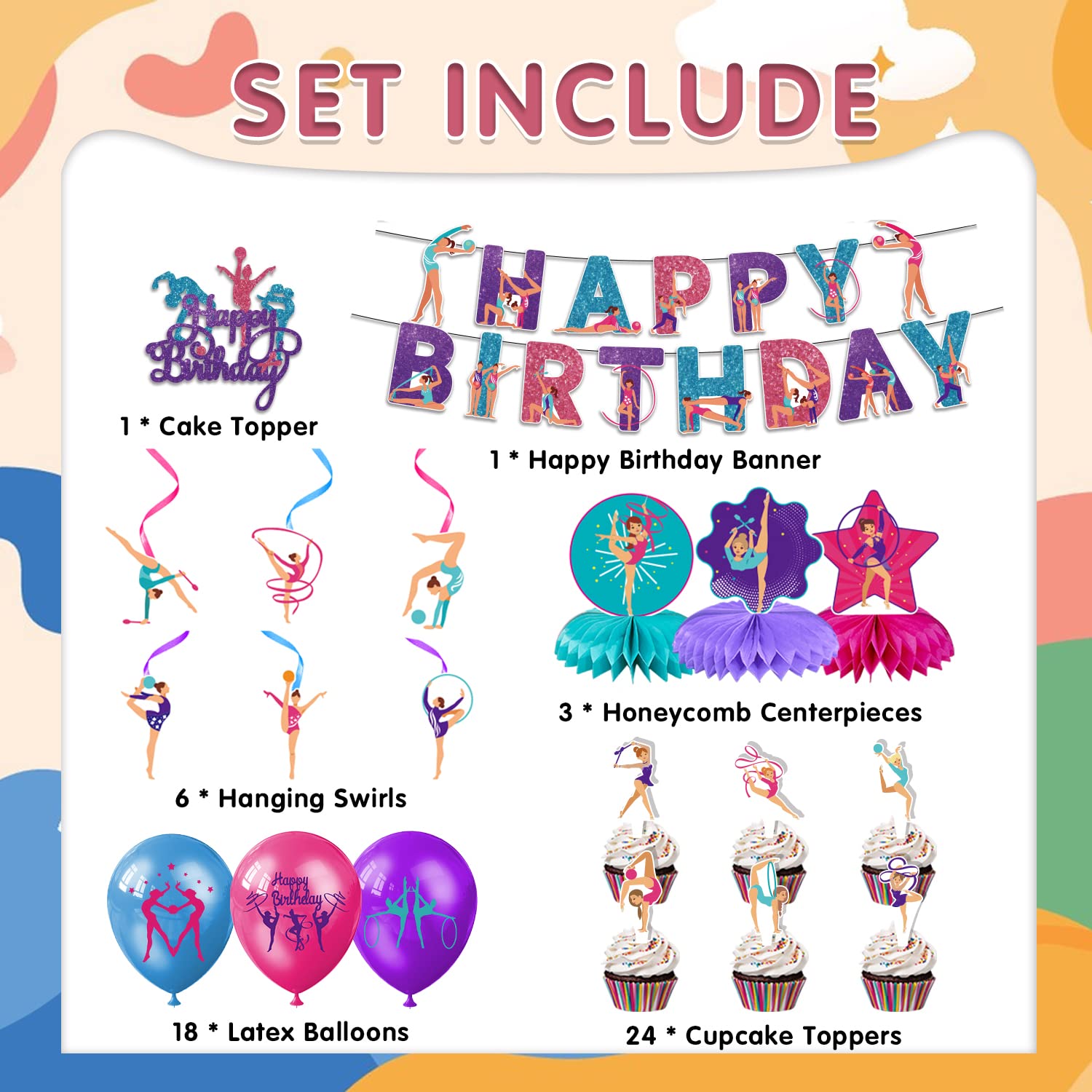 Gymnastics Birthday Party Decorations,61 Pieces Gymnastics Party Supplies for Girls,Include Gymnastics Birthday Banner,Latex Balloons,Honeycomb Centerpiece Table Decorations