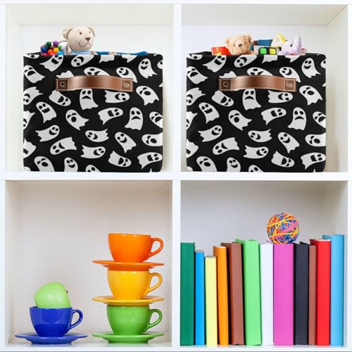 Sletend Halloween Ghost Funny Rectangular Storage Bin Foldable Sturdy Organizer Basket with Leather Handles for Organizing Home Office Nursery-1Pack