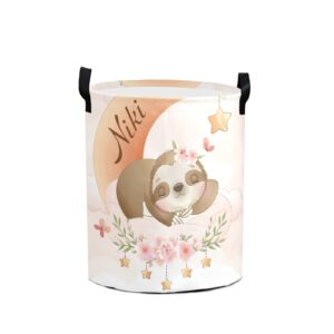 cute sloth floral round storage basket personalized name laundry basket waterproof nursery hamper with handle for living room bedroom and clothes