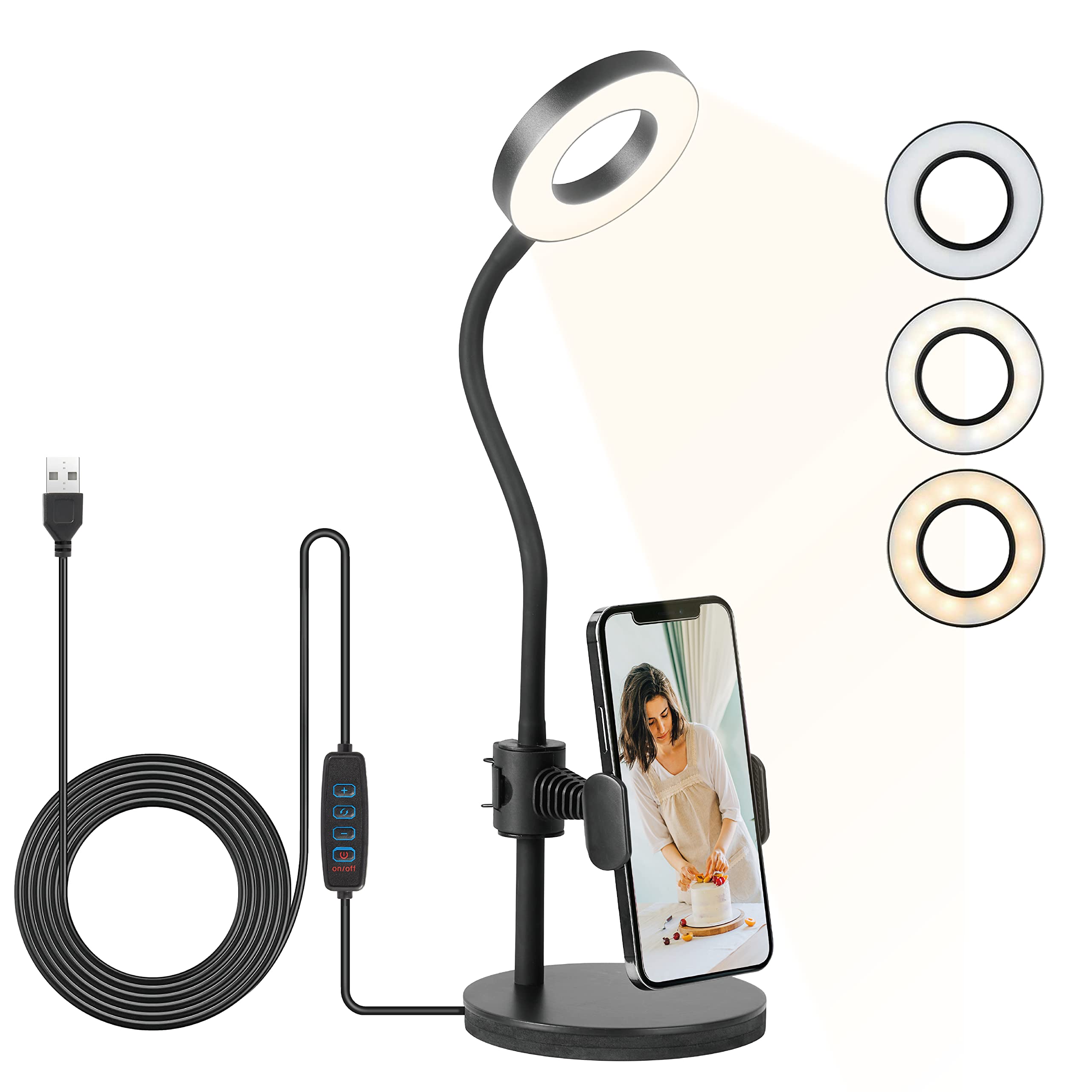 ONEXT USB LED Desk Lamp with Phone Holder Flexible Gooseneck 3 Color Modes 10 Brightness Dimmable for Reading Nightlight Work