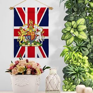Queen Elizabeth II Flag Coat of Arms United Kingdom Garden Flag - Set Wood Dowel Sweet Life Sympathy Remembrance Bereavement Emotion Postive - House Banner Small Yard Gift Double-Sided 13 X 18.5