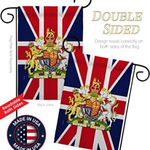 Queen Elizabeth II Flag Coat of Arms United Kingdom Garden Flag - Set Wood Dowel Sweet Life Sympathy Remembrance Bereavement Emotion Postive - House Banner Small Yard Gift Double-Sided 13 X 18.5