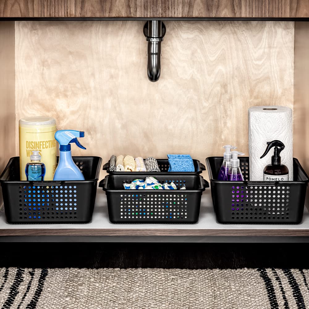 madesmart Antimicrobial Classic Multipurpose Storage Basket with Soft-Touch Handles, 12" x 8" x 4", Soft-Grip Dots and Non-Slip Feet, Home Organization, Carbon