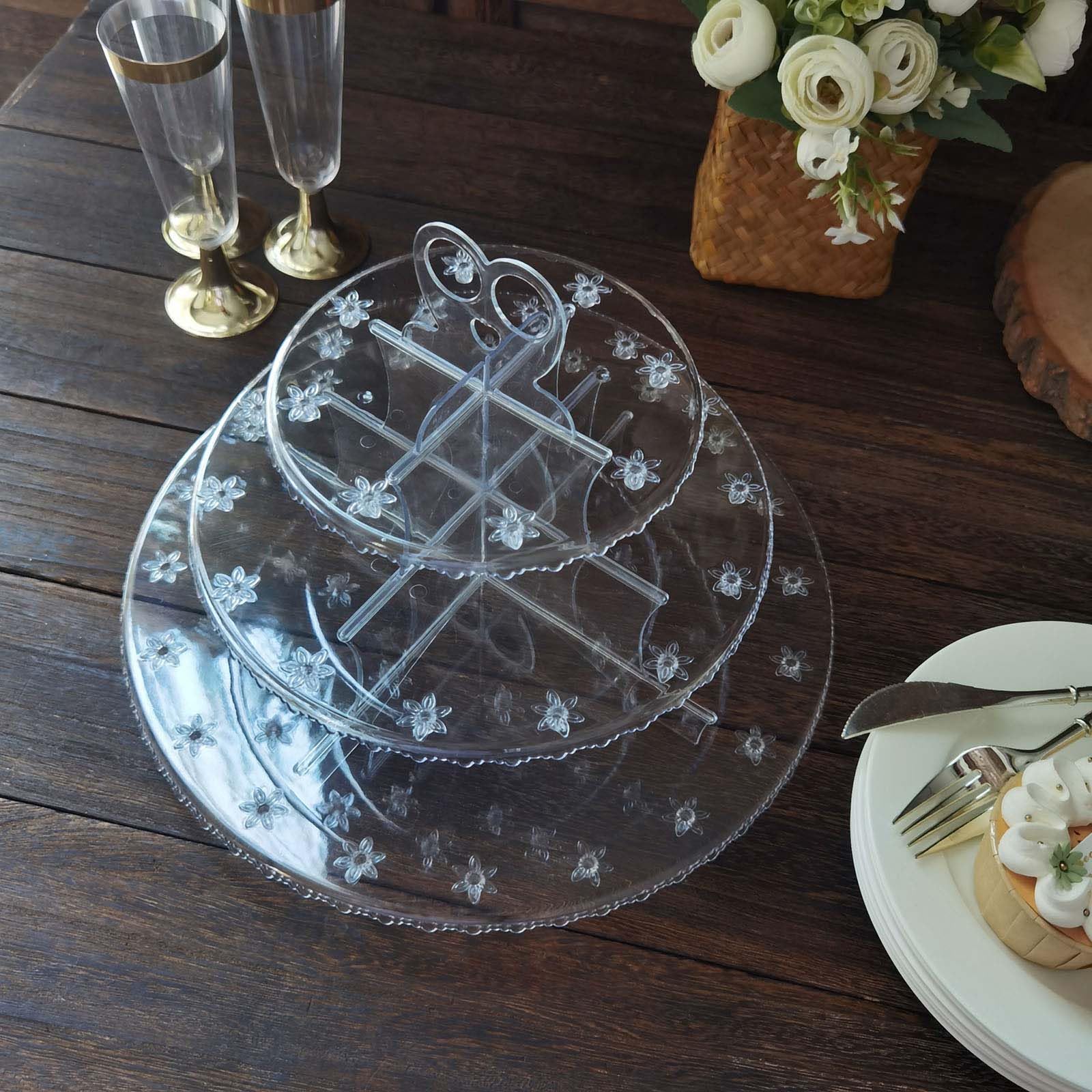 Efavormart 12" Clear 3-Tier Round Reusable Plastic Cake Pop Holder Cupcake Stand Dessert Tower with Floral Cut Rims