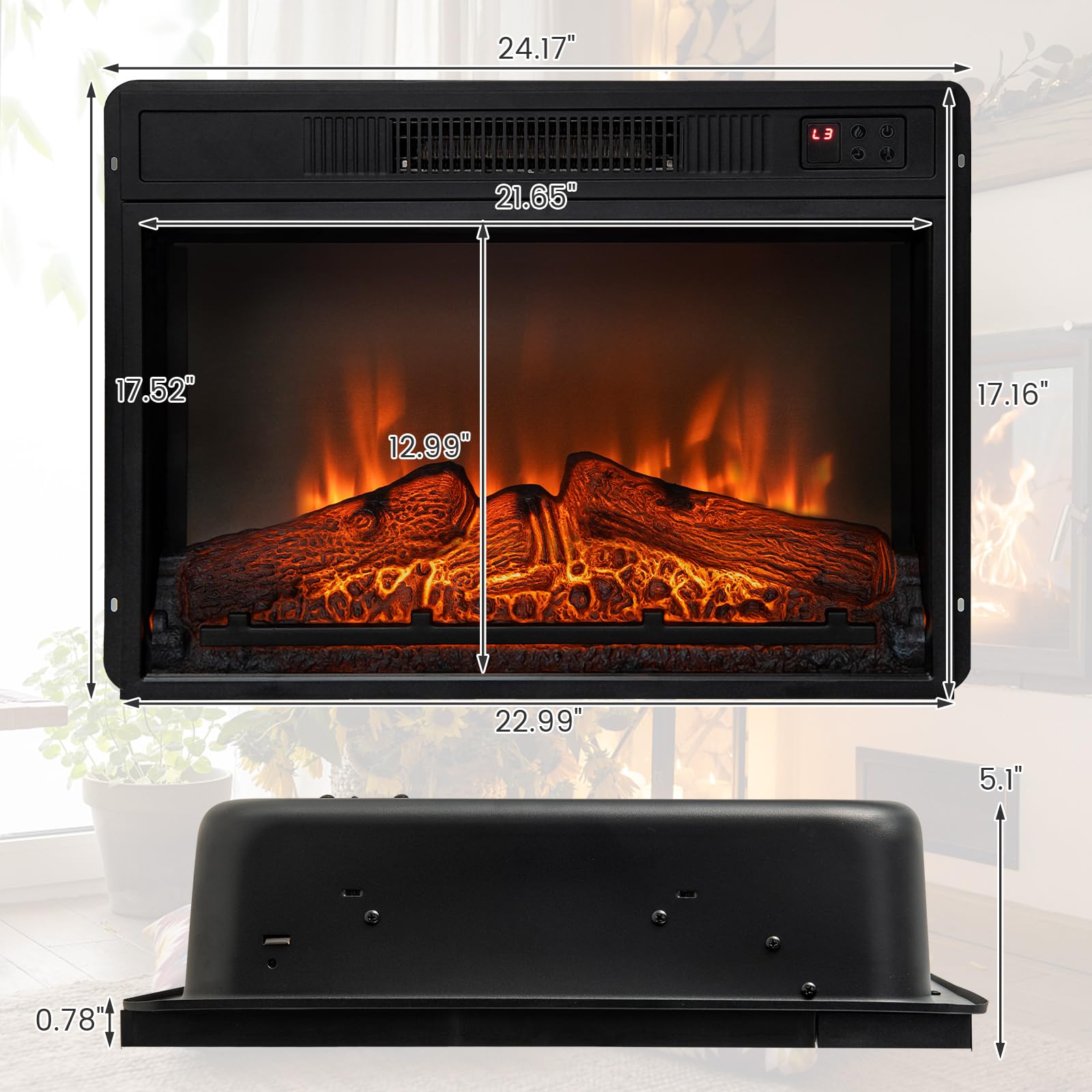 COSTWAY Electric Fireplace Insert 23-inch Wide, 1400W Recessed Fireplace Heater with Remote Control, 3 LED Flame Effects, 6H Timer, Electric Fireplace for Bedroom Home Office Indoor Use, Black