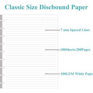 ZGMJ Classic Size Discbound Lined Refill Paper, 9-Disc Discbound Pre-punched Happy Planner Inserts, 100Sheets/200Pages Loose-Leaf Paper, 100gsm White Paper, 7x9.25 in