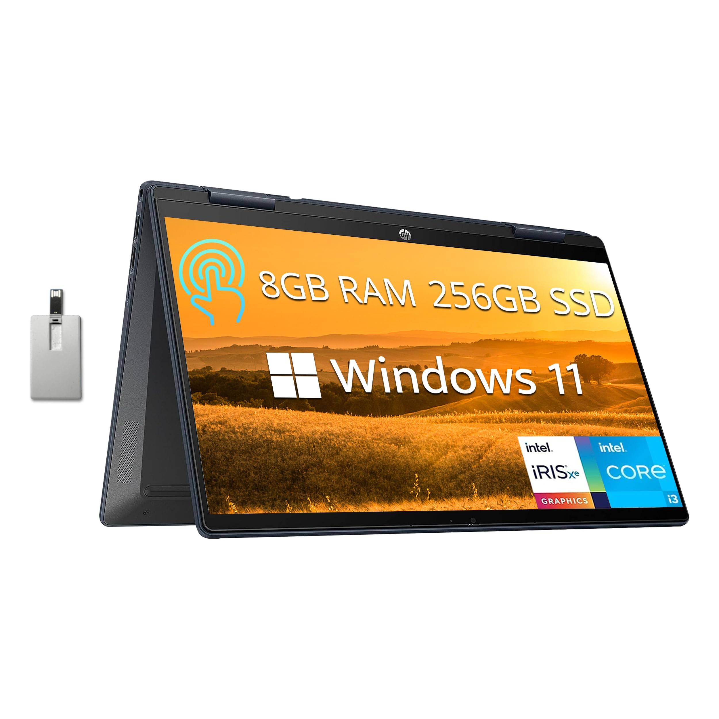 HP Pavilion x360 2-in-1 Laptop, 14" FHD Touchscreen Display, Intel Core i3-1215U, 8GB RAM, 256GB PCIe SSD, Intel Iris Xe Graphics, HD Camera, B&O Audio, Windows 11, Space Blue, 32GB USB Card