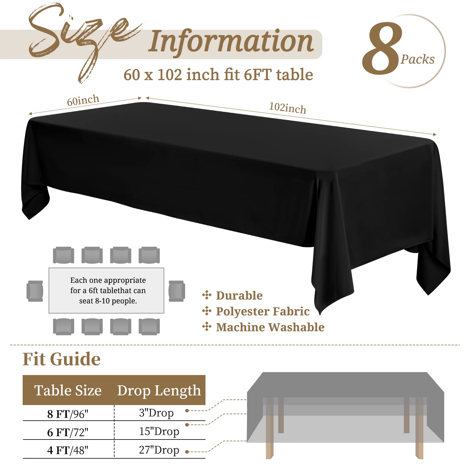 Showgeous 8 Pack Black Tablecloth 60 x 102 Inch, Rectangle Table Cloth for 6 Foot Table, Wrinkle Resistant Washable Polyester Table Cover for Wedding Dining Table Buffet Parties and Camping