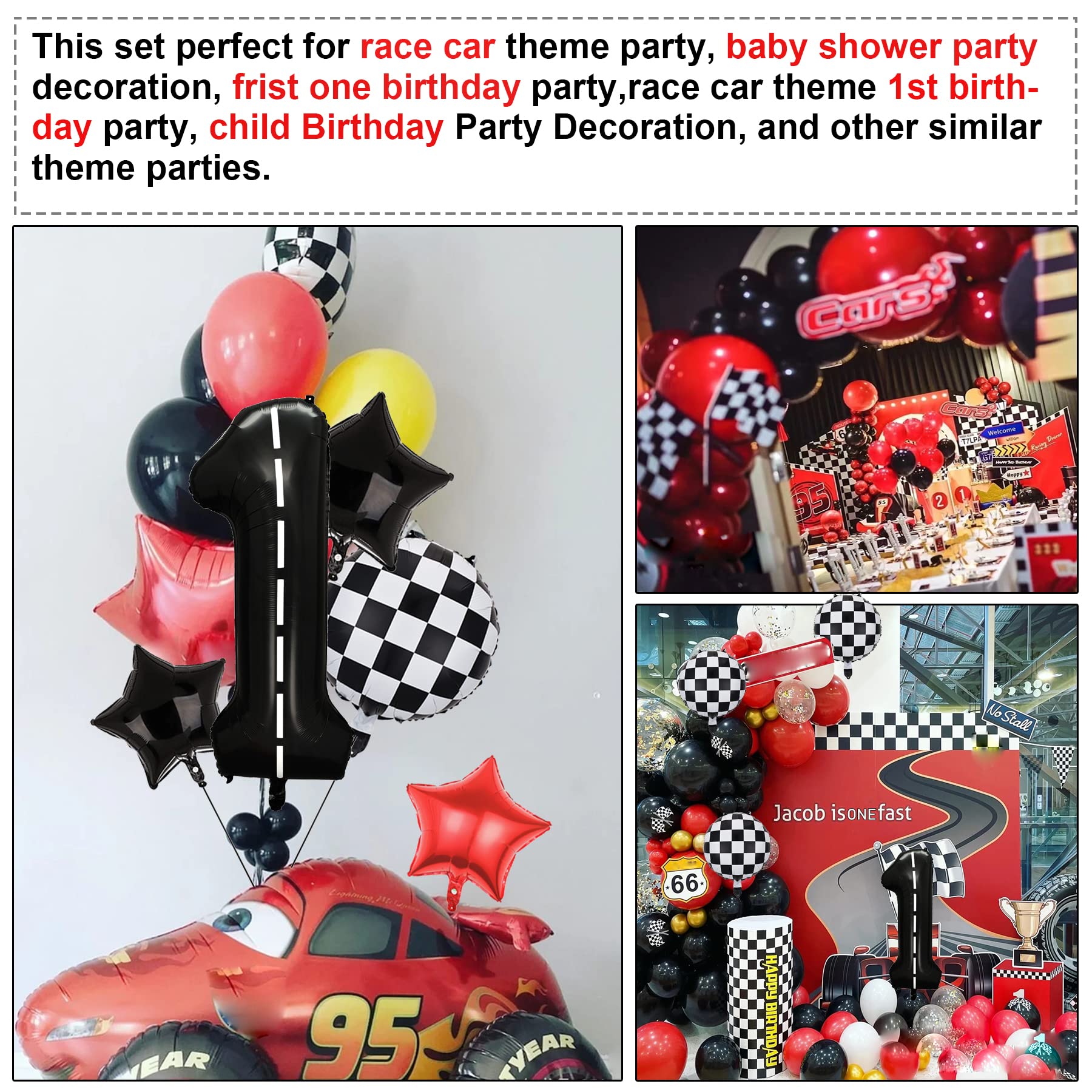 Race Car Birthday Party Balloons,40 Inch Big Mylar Foil Racetrack Number Balloon 1 Black for Baby Shower Boys 1st Birthday Party Decorations,Race Car Theme Party Decorations Supplies 7 Pcs Set