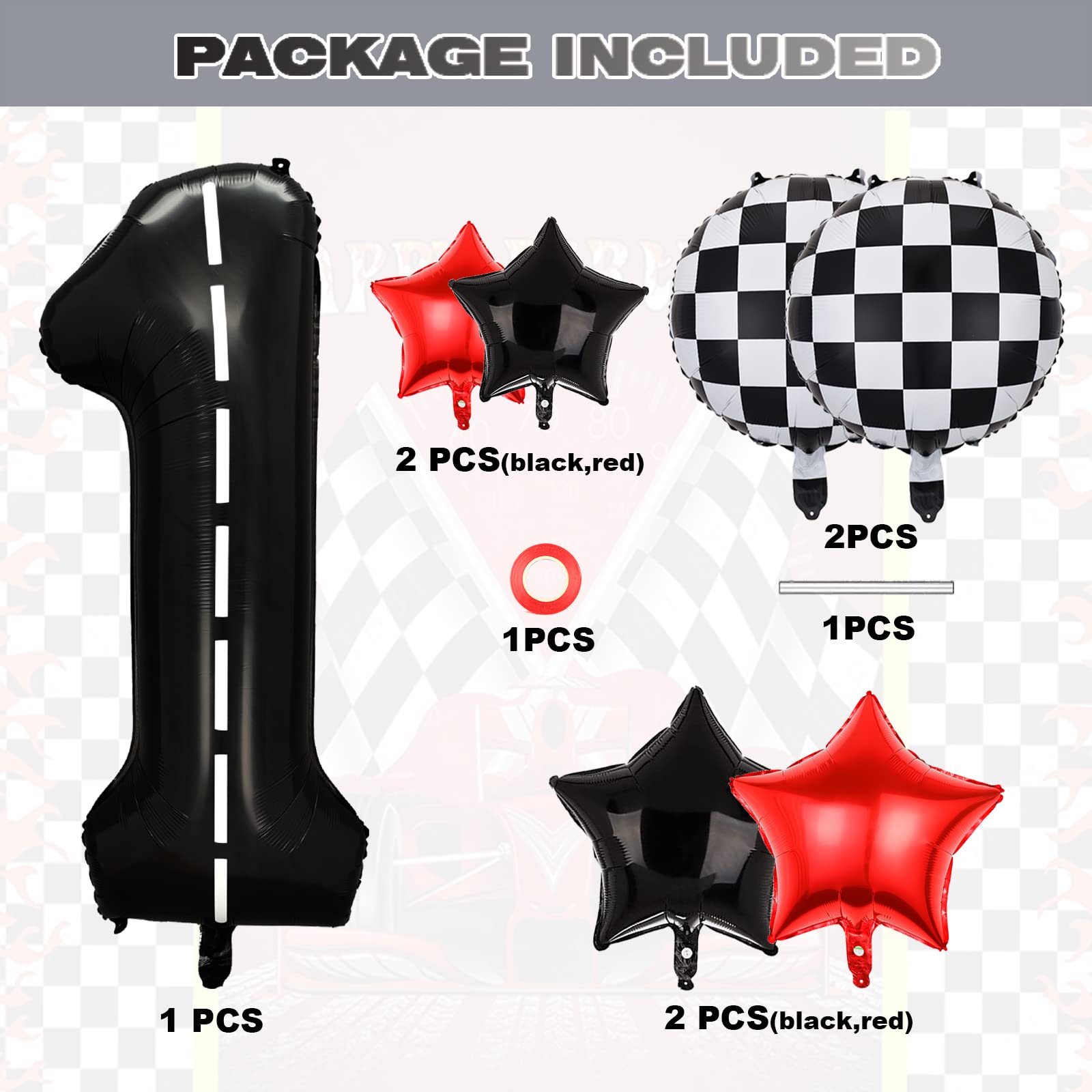 Race Car Birthday Party Balloons,40 Inch Big Mylar Foil Racetrack Number Balloon 1 Black for Baby Shower Boys 1st Birthday Party Decorations,Race Car Theme Party Decorations Supplies 7 Pcs Set