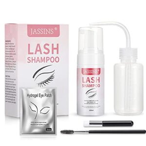 jassins lash shampoo for lash extensions, eyelash extension cleanser kit,100ml shampoo/cleaning brush/rinse bottle/mascara brush/eye pads,no stimulation,for professional & self use