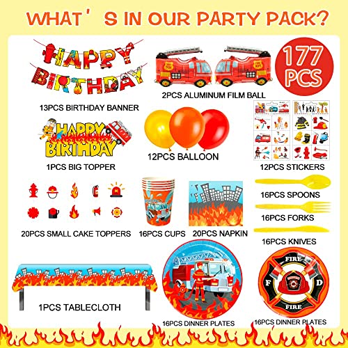 Fire Truck Birthday Party Supplies,155pcs Fire Truck Birthday Party Decorations for Boys-Firetruck Birthday Decorations Balloons Plates Napkins Tablecloth etc Fire Truck Themed Birthday Party Supplies