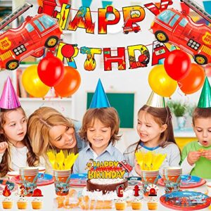 Fire Truck Birthday Party Supplies,155pcs Fire Truck Birthday Party Decorations for Boys-Firetruck Birthday Decorations Balloons Plates Napkins Tablecloth etc Fire Truck Themed Birthday Party Supplies