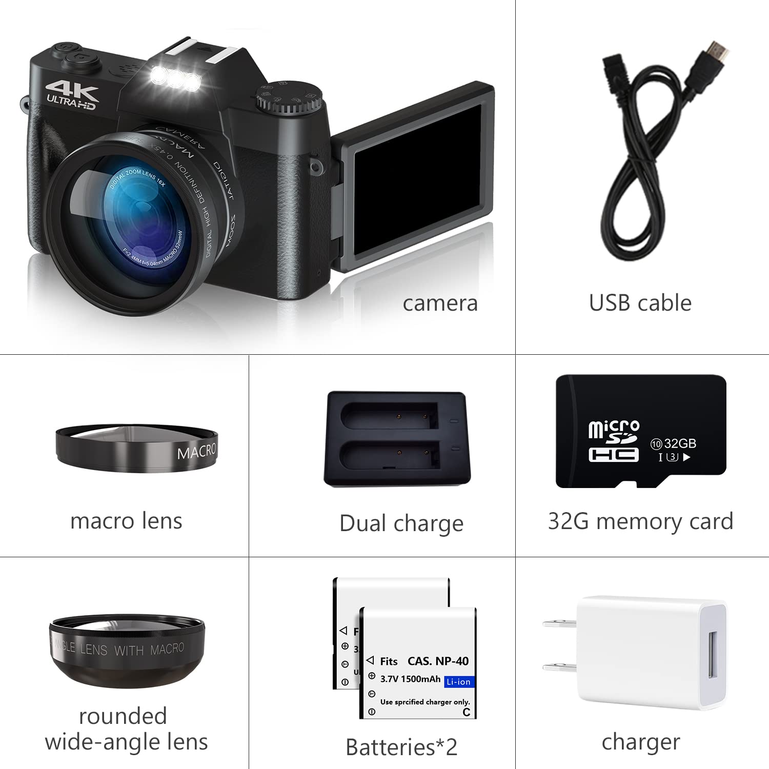 Digital Camera for Photography 4K 48MP VJIANGER Vlogging Camera for YouTube with 3.0’’ 180° Flip Screen, 16X Digital Zoom, 52MM Wide Angle Lens & Macro Lens, 2 Batteries, 32GB Micro SD Card(W01 B4)