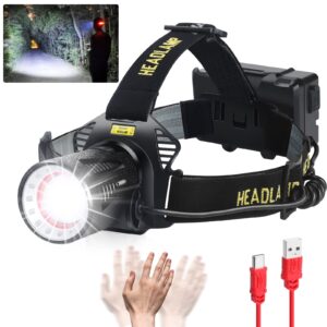 aikertec headlamp rechargeable, 150000lm super bright headlamp for adults with motion sensors, 7 modes, zoomable, ip68 waterproof head flashlight for camping hunting fishing (batteries included)