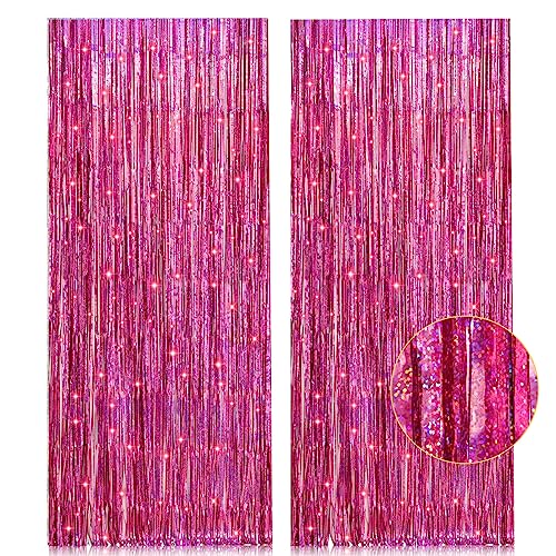 2 Pack 3.2ft x 8.2ft Pink Metallic Tinsel Foil Fringe Curtains Backdrop for Pink Party Birthday Wedding Bachelorette Baby Shower Holiday Party Decorations Photo Booth Props