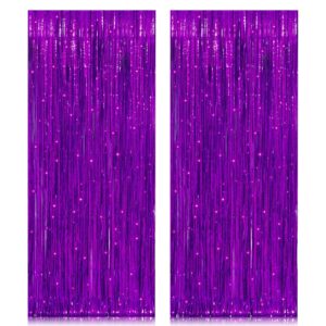 2 pack 3.2ft x 8.2ft purple metallic tinsel foil fringe curtains, large photo booth backdrop streamer curtain for party door wall curtains wedding bachelorette birthday christmas new year decorations