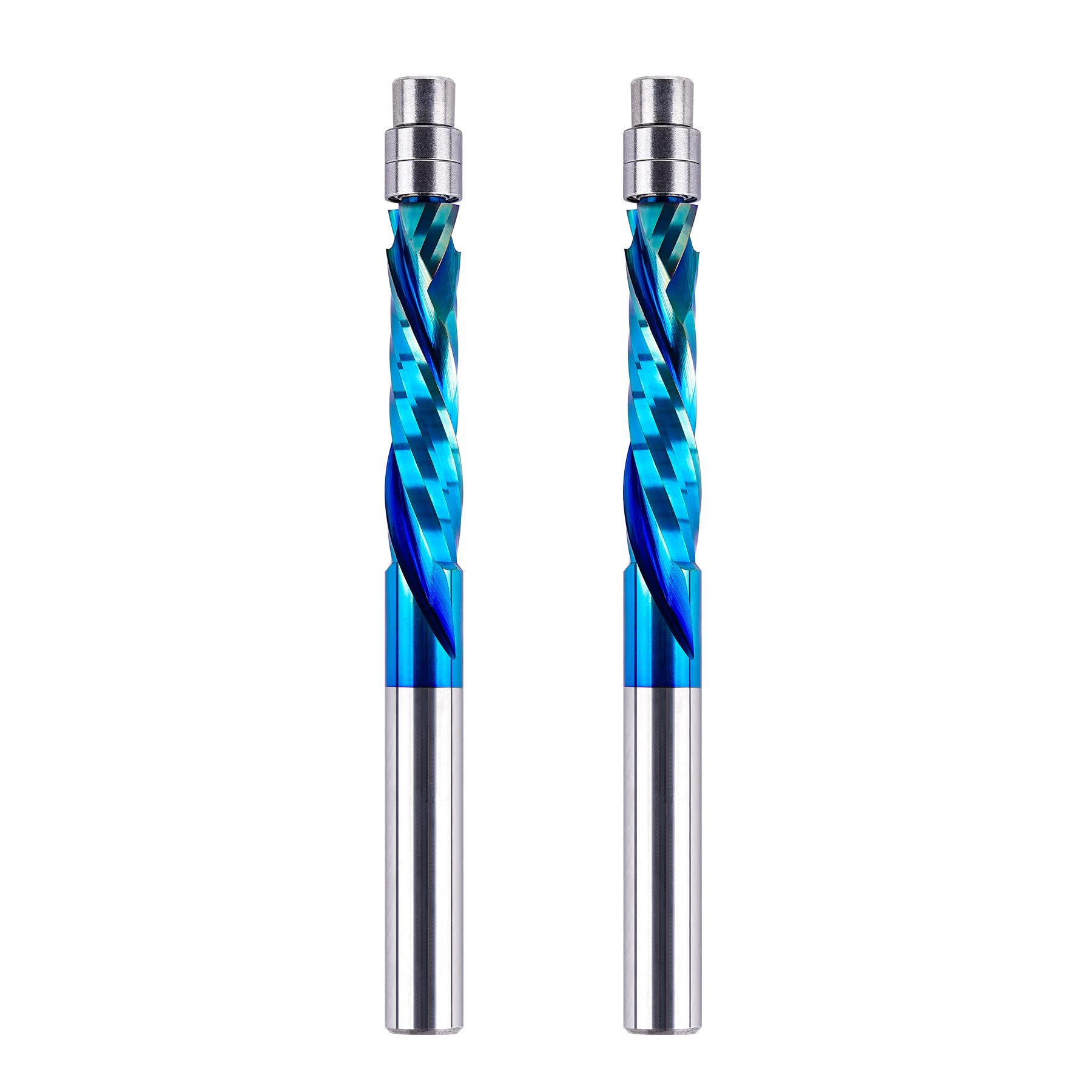 BITITZ 2PCS Sprial Flush Trim Router Bit Compression Cutting with Coating 1/4" Shank 1-1/8" Cutting Length Up Down Carbide Mill for Woodwork Template