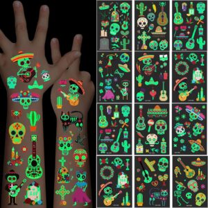 day of the dead luminous halloween temporary tattoo for kids adults, 125pcs waterproof fake face tattoos, body stickers decorations glow in the dark, makeup party favors supplies decor boys girls