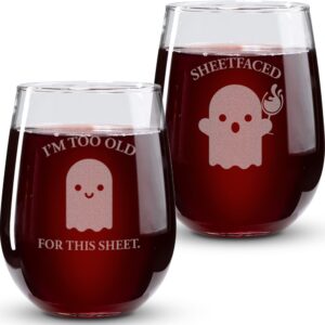 on the rox drinks halloween wine glass gifts for women - i'm too old for this sheet sheet faced 2pc wine glass set - halloween cups, halloween tumbler, drinking glassware - spooky ghost gifts