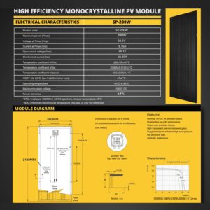 Spartan Power 200 Watt Solar Panel 9 Bus Bar Black Mono Great for RV, Trailer, Camper, Boat, Cabin, Farm, SP-200W