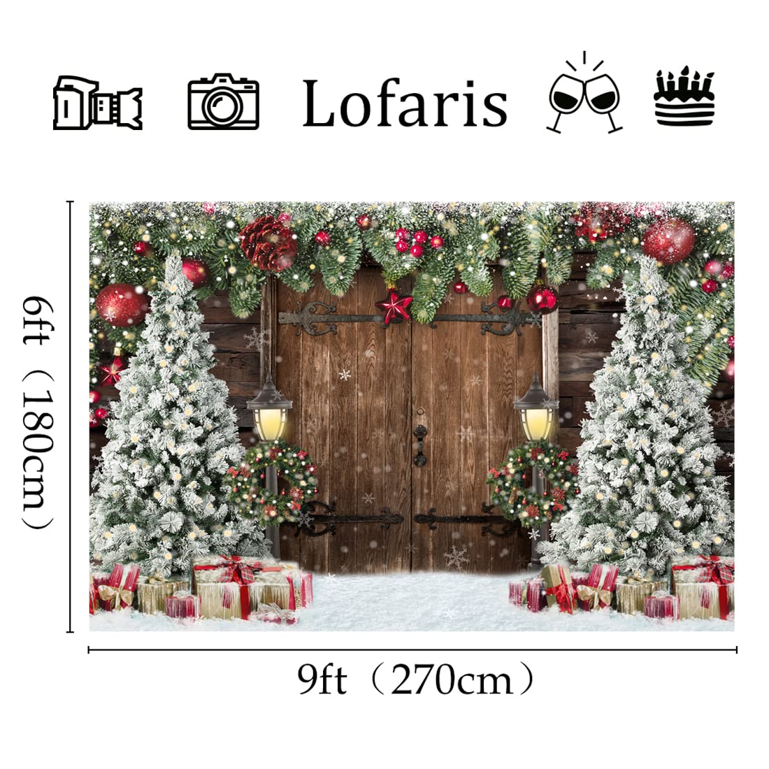 Lofaris Winter Christmas Backdrop Xmas Photography Backdrop Rustic Barn Wood Door Backdrop Xmas Tree Snow Gift Bell Kids Adult Family Supplies Banner Party Baby Shower Decoration Background 9x6ft