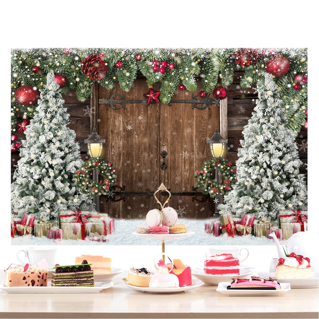 Lofaris Winter Christmas Backdrop Xmas Photography Backdrop Rustic Barn Wood Door Backdrop Xmas Tree Snow Gift Bell Kids Adult Family Supplies Banner Party Baby Shower Decoration Background 9x6ft