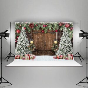 Lofaris Winter Christmas Backdrop Xmas Photography Backdrop Rustic Barn Wood Door Backdrop Xmas Tree Snow Gift Bell Kids Adult Family Supplies Banner Party Baby Shower Decoration Background 9x6ft